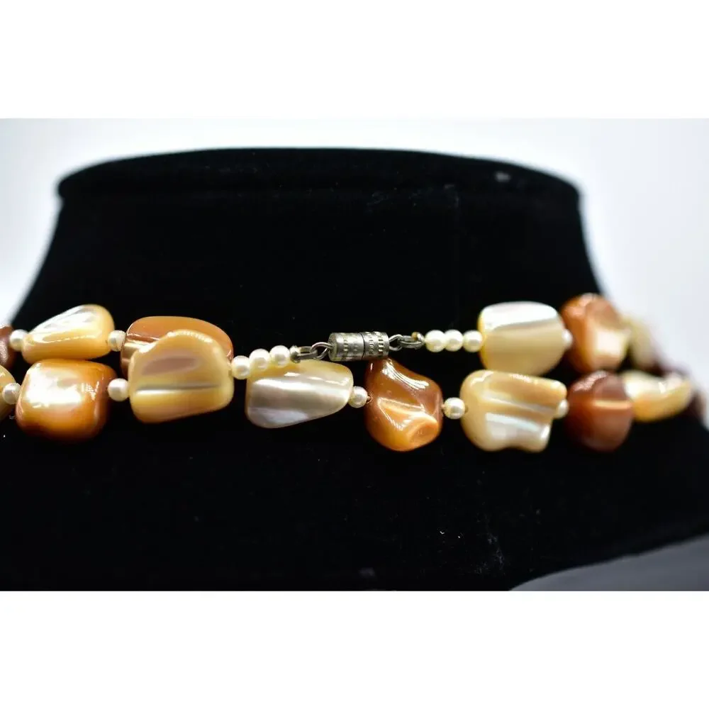 Vintage Necklace Long Stone Beaded Neutral Beige Brown White 48